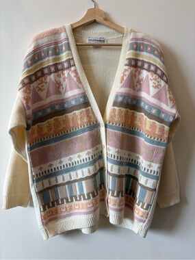 Vintage 🔥Cream & Pastel Patterned Women's Cardigan Sweater